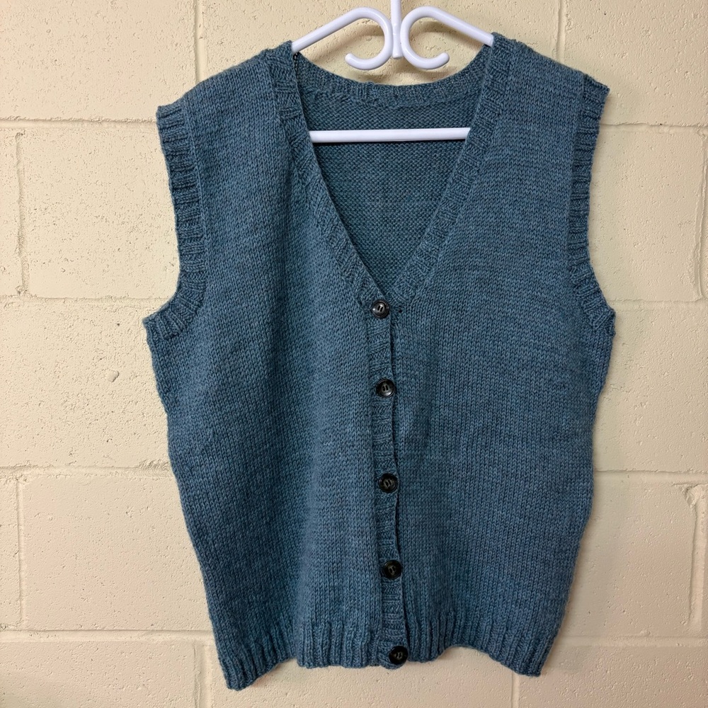 Hand Knit Button-Up Sweater Vest in Slate Blue